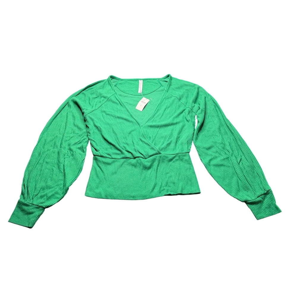 Anthropologie Top Womens Kelly Green Ribbed Surplice Balloon Sleeve Boho M